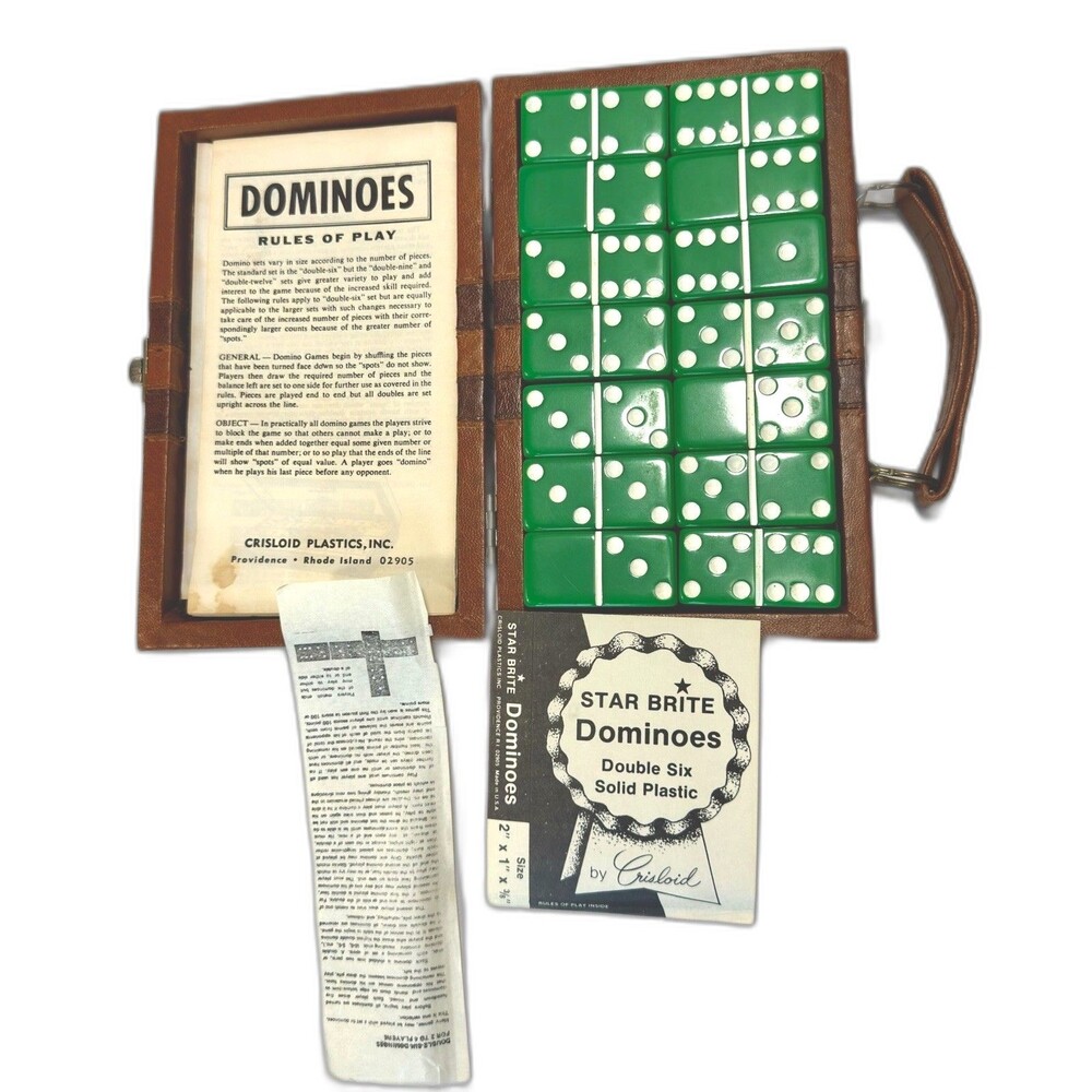 VTG Crisloid Star Brite GREEN Dominoes Double Six Set 28 Travel Case USA